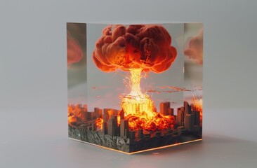 Aufkleber - An atomic bomb explosion with flames and a mushroom cloud in the center of a transparent cube on a white. This work symbolizes destruction but also strength, emphasizing both power and beauty.