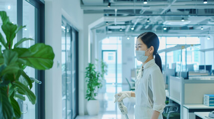 Cleaner Asian girl and her team busy dusting and mopping a modern office space, ensuring cleanliness and hygiene