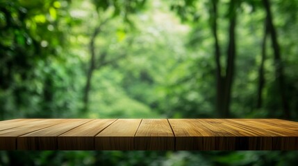 Wall Mural - Empty wood table top with blur background of nature lush green forest. generative ai