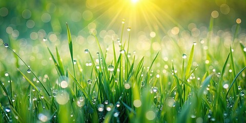 Sticker - Green meadow glistening with morning dew , nature, outdoors, grass, field, fresh, dewdrops, sunlight, tranquil, serene