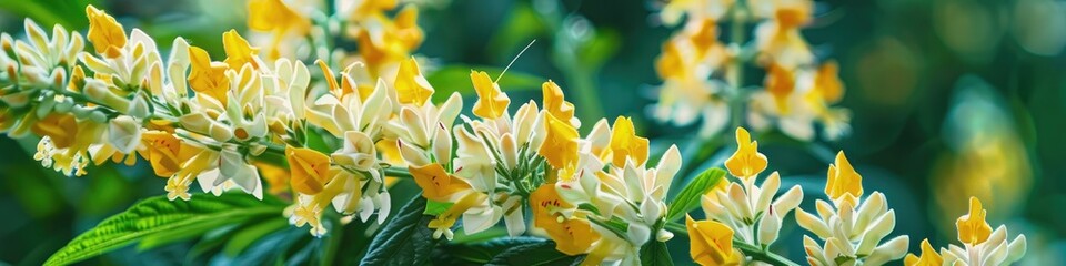 Sticker - Golden Shrimp Plant Blossoming with Yellow Bracts and White Flowers in a Lush Garden