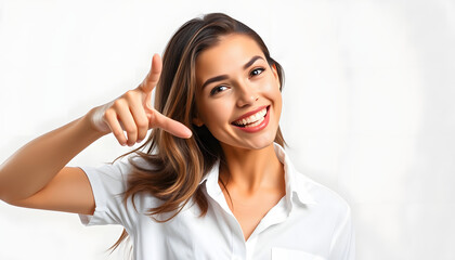 Sticker - Beautiful caucasian woman wearing casual white shirt cheerful with a smile on face pointing with hand and finger up to the side with happy and natural expression isolated with white highlights, png