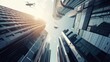 © VK Studio - A high-angle view of helicoptors flying between skyscrapers in a futuristic cityscape illuminated by sunlight.