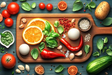 Fresh ingredients on a wooden cutting board for a delicious meal.