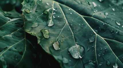 Poster - Close-up of green leaves adorned with glistening raindrops, capturing the serene beauty of nature's freshness.