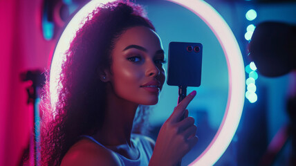 Wall Mural - A woman is holding a cell phone up to her face in front of a neon light