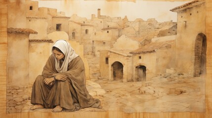 Wall Mural - Illustration of Prayer of St. Monica in 4th-Century North African Village, Biblical Illustration, Beige Background, Copyspace,Christian banner