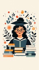 Aufkleber - Graduate student with books and flowers.