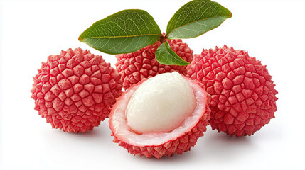 Wall Mural - Full and half-sliced lychee fruits on a white background 