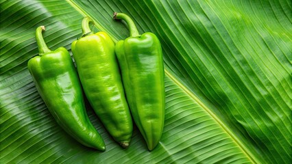 Wall Mural - Three green goat peppers displayed on a vibrant banana leaf , food, organic, spicy, vibrant, colorful, fresh, produce, peppers