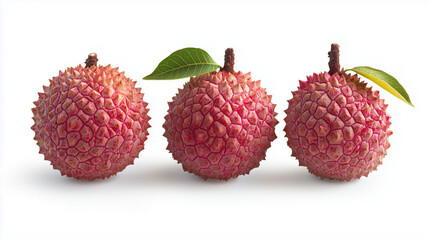 Wall Mural - 3 lychee fruits arranged in a line on a white background 