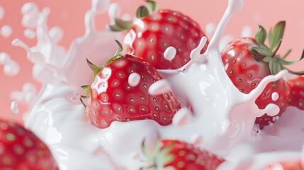 Wall Mural - Juicy strawberries splashing into white cream, creating an exciting blend of red and white against a soft pink background.