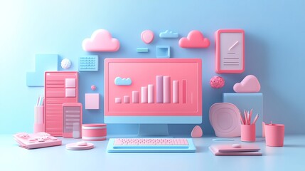 Aufkleber - Minimalist 3D Desktop with Growth Chart.