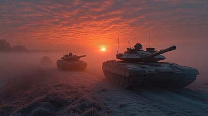 Two tanks positioned in an open field at sunrise, with a hazy sky above