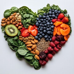 Wall Mural - Heart-shaped arrangement of healthy foods, colorful fruits, and leafy greens