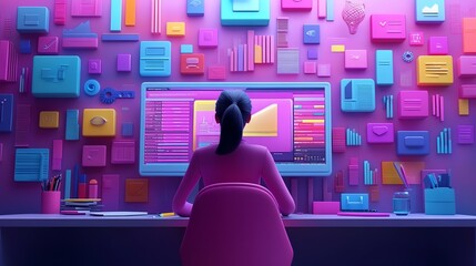 Poster - Woman Working on Computer with Colorful Geometric Shapes.