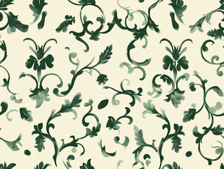 Poster - Luxurious, intricate scrollwork in deep emerald green on a light ivory surface, seamless pattern