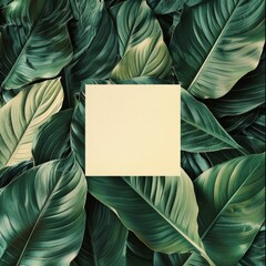 Wall Mural - Retro image shows a minimalistic design featuring a central, blank, cream-colored square set against a background of large, green palm leaves