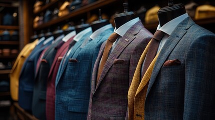 Various business suits on mannequins in various colors and models