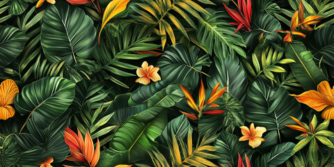 Banana leaves, tropical ferns, and heliconias in a vibrant array, seamless pattern