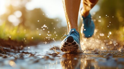 A dynamic close-up of a runner's foot in a blue shoe splashing water on a nature path, emphasizing the motion and energy involved in outdoor running activities.