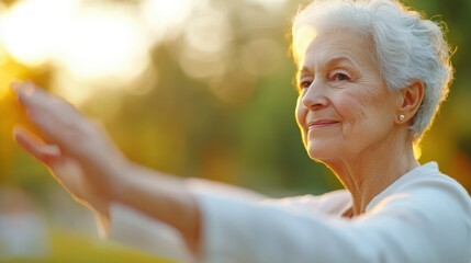 An elderly woman is seen gracefully practicing Tai Chi in a serene outdoor setting. Her composed expression and poised movements reflect focus and tranquility.