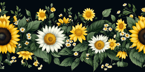 Wall Mural - Bold border of sunflowers and daisies, vibrant yellows and greens on a dark backdrop, seamless pattern