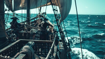 A majestic wooden ship sails through the open ocean, showcasing its grandeur against the expansive blue horizon.