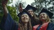 © VK Studio - A group of graduates in caps and gowns taking a celebratory selfie outdoors, symbolizing achievement, friendship, and the joy of completion.