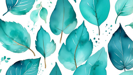 Poster - teal theme abstract leaf designs in watercolor painting background art design .jpg