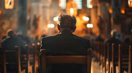 Sticker - Elderly man sitting and praying in a church pew