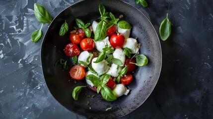 Sticker - A delighted bowl of fresh mozzarella, cherry tomatoes, and basil leaves arranged aesthetically on a dark slate background, radiating freshness and flavor.