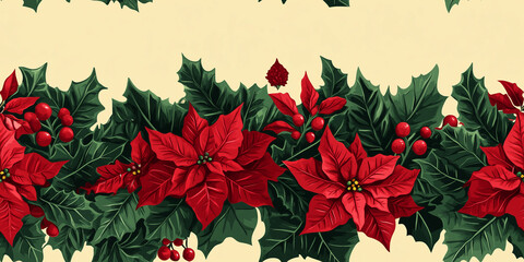 Festive border of poinsettias and holly leaves, rich reds and greens for a holiday theme, seamless pattern