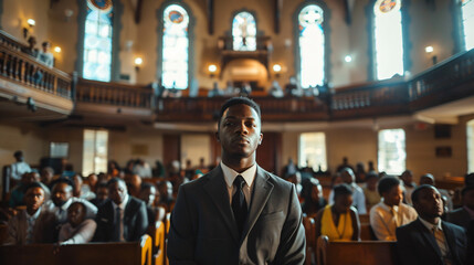 Sticker - Businessman stands in a church pew as the congregation sits behind him