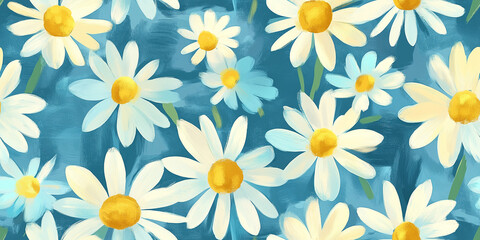 Wall Mural - Freely brushed daisies in soft blues and yellows with a light, whimsical touch, seamless pattern