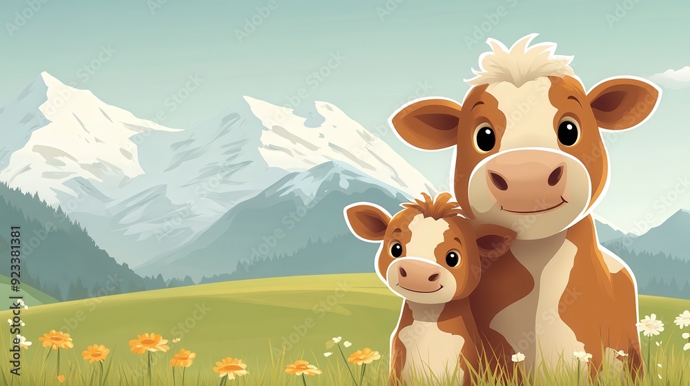 An adorable illustration featuring a cow and calf with a beautiful and ...