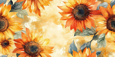 Wall Mural - Loose, expressive sunflower paintings in warm watercolors with a relaxed feel, seamless pattern