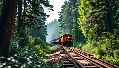 Wall Mural - In the green forest, trains run along the tracks, making the environment peaceful and beautiful.