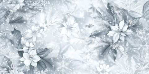 Poster - Nordic winter flora in cool greys and whites, with delicate snowflake accents and subtle textures, seamless pattern