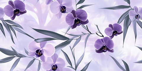 Poster - Serene orchids in shades of violet and white, accompanied by slender bamboo shoots and leaves, seamless pattern