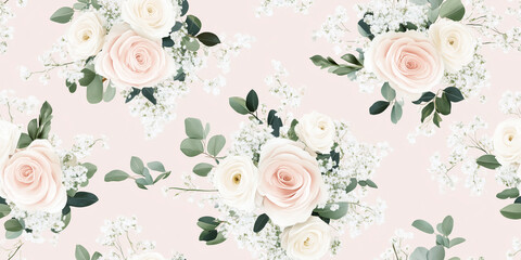 Poster - Soft pink and ivory florals accented with eucalyptus and baby's breath for a classic, bridal look, seamless pattern