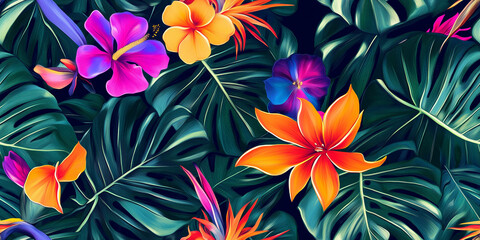 Poster - Strelitzia, monstera, and palm leaves with bright tropical blooms, seamless pattern