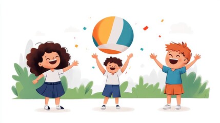 Showing joy and excitement, three happy children play together with a colorful ball against a clear sky, symbolizing friendship and the carefree nature of childhood.