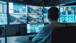 © VK Studio - A monitoring station filled with screens and a single person surveilling advanced digital systems in a high-tech environment.