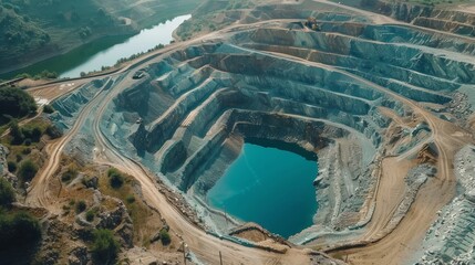 A deep open-pit mine with blue water at the bottom, surrounded by excavated layers of rock and earth amidst a hilly terrain.