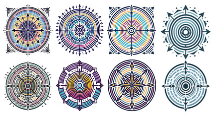 Geometric mandalas diverse patterns set. ornamental abstract art elements.