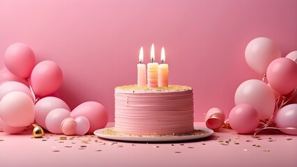 Birthday cake with pink balloons, confetti, and candles on a pink backdrop; cake with pink balloons and a minimalist birthday background; Featuring a pink holiday birthday background.