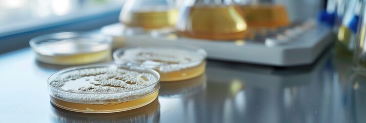 Sticker - Petri dish containing organic material on a laboratory desk, with plates holding chemical samples that include bacteria or liquid DNA for analysis in biotechnology.