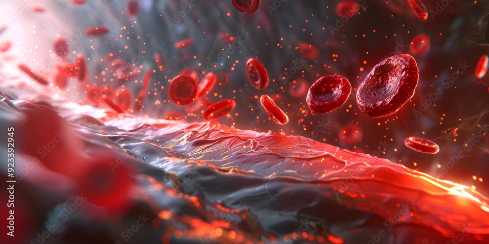 High-resolution 3D render of red blood cells flowing through a blood ...