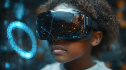 Poster - A child immersed in a virtual reality experience, wearing VR glasses and exploring a captivating digital environment filled with vibrant visuals.